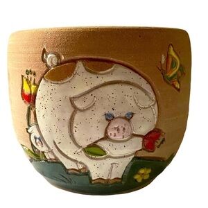 Vintage Signed Hand Painted Pottery Pig Butterfly Motif 1985